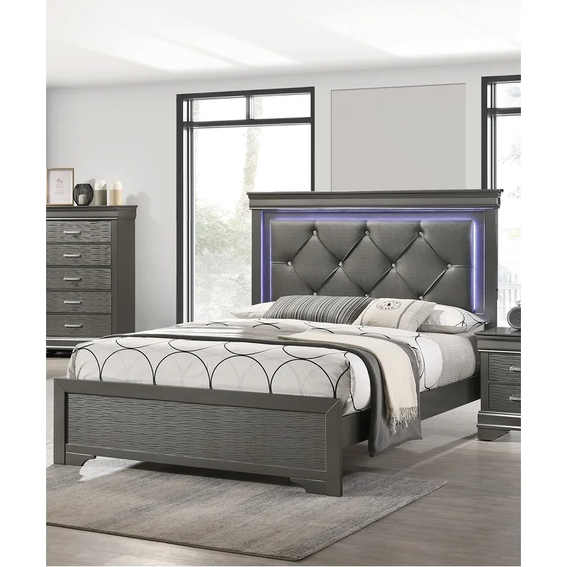 

Dark Gray Faux Leather Queen Headboard with LED Lighting and Solid Wood Frame