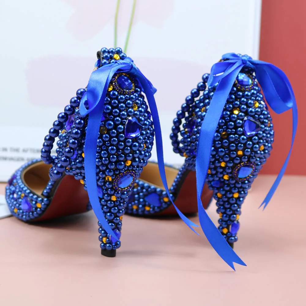 White Bride Wedding shoes Pearl Royal Blue Thin Heels Party Dress Shoes Women Champagne gold Fashion Sandal Ankle Strap