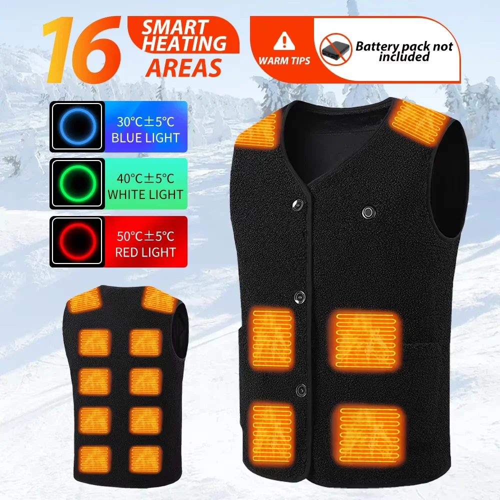 16 Areas Heated Vest Teddy Velvet V-neck for Men Women USB Electric Temperature Control Vest 3-speed Adjustable Heating Jacket