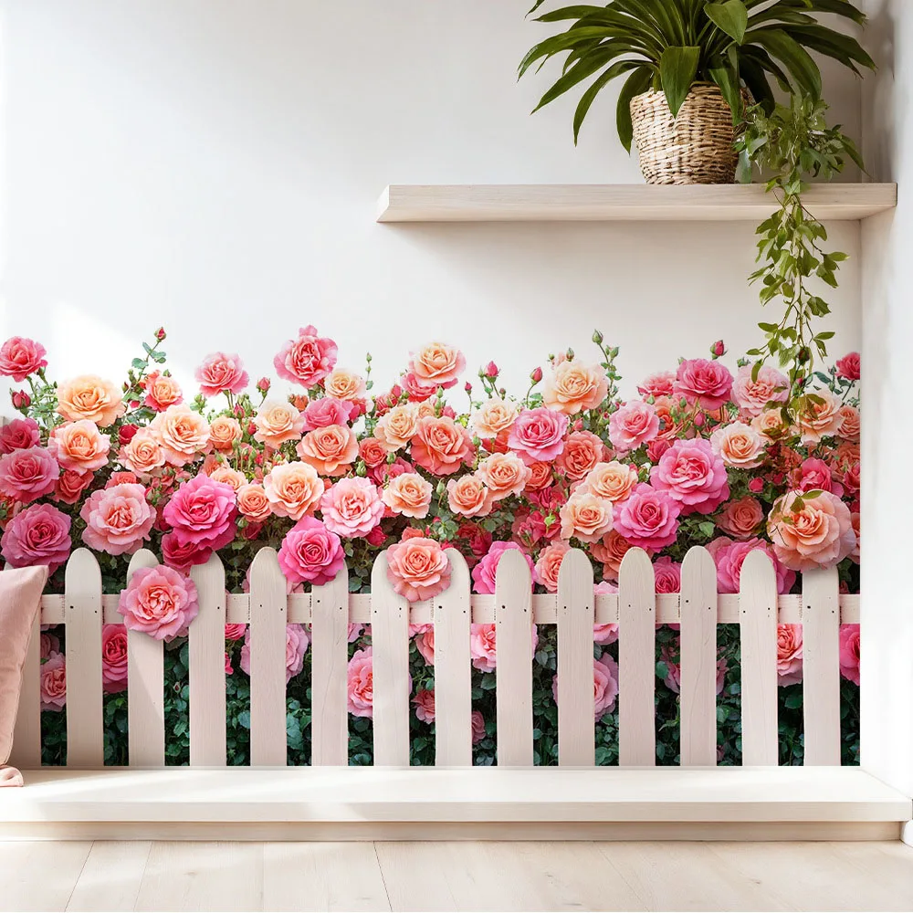Pink Rose Fence Wall Decals, Removable Flower Border Stickers, Garden Decor for Living Room Kitchen
