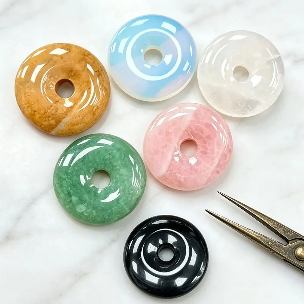 50MM Donut Natural Gem Stone Crystal Pendant for Jewelry Making Large Loose Bead Pink Quartz Green Aventurine Opal Charms X411 - view 4