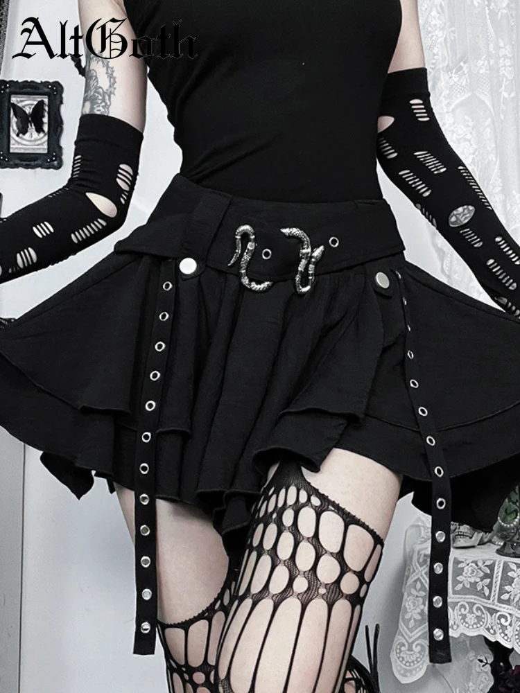 

AltGoth Gothic Dark Harajuku Skirt Women Streetwear Cyber Punk Y2k E-girl Emo Alt Grunge Snake Eyelet Strap Irregulare Skirts