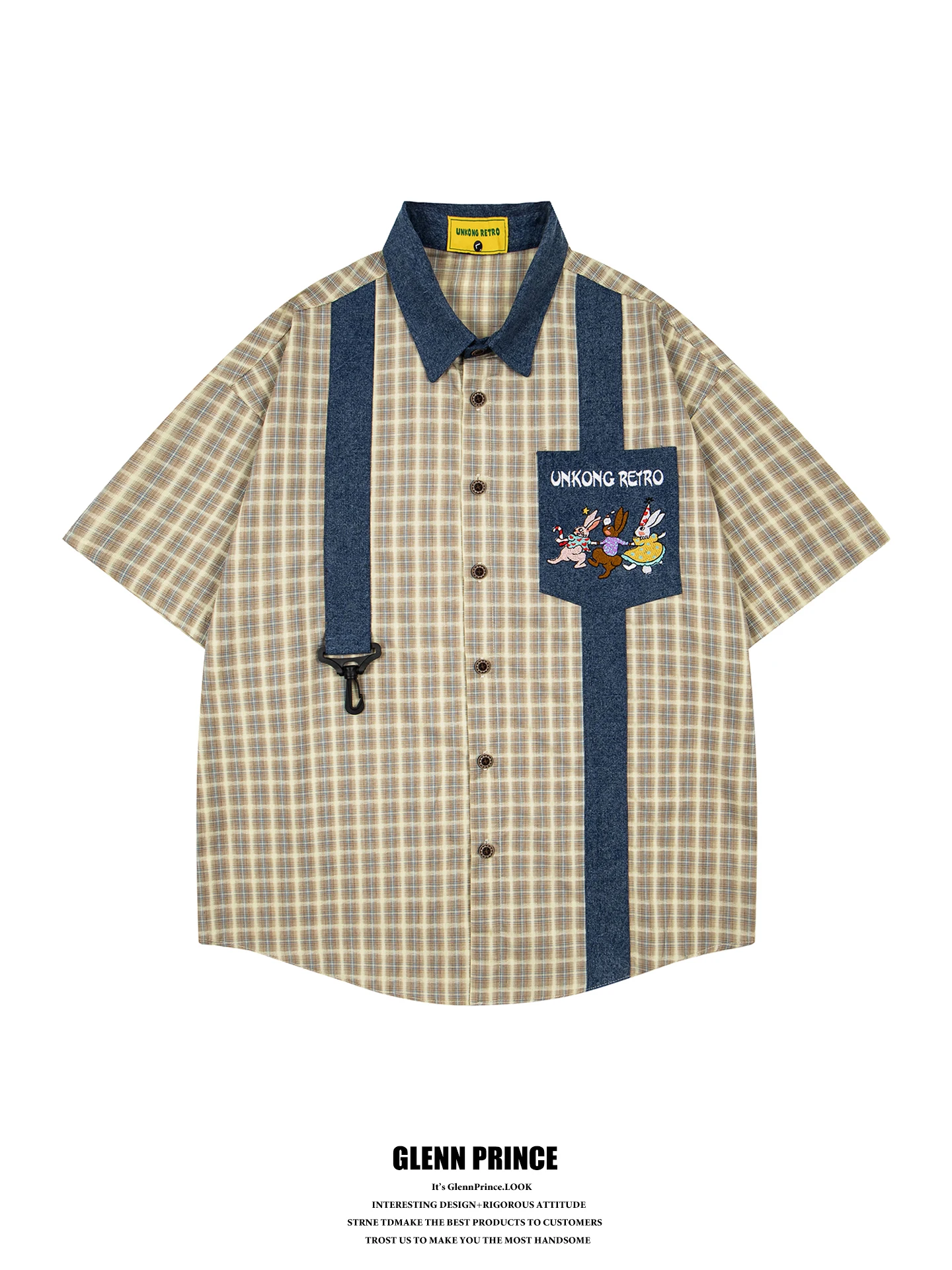 

Vintage Cartoon Embroidery Contrast Color Plaid Short Sleeve Men's Shirt College Style Fun Cotton Breathable Summer Shirt