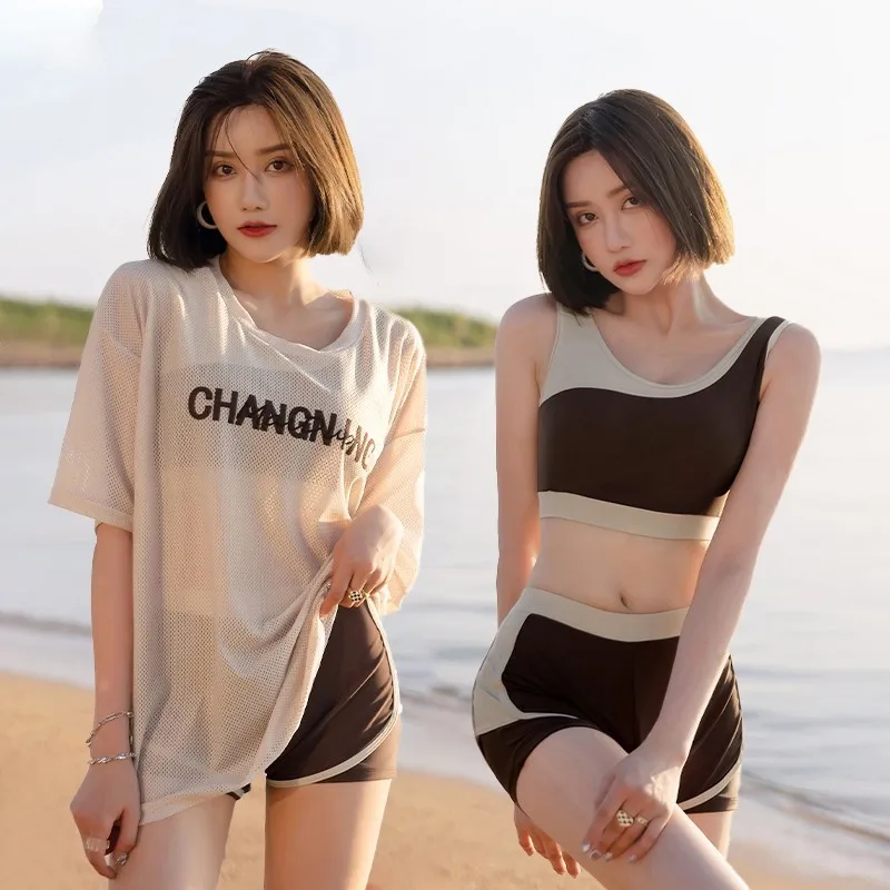 2023 Korea Style Women Three Pieces Swimsuit High Waist Bikini Set Conservative Thin Swimwear Sunscreen Summer Holiday Beachwear