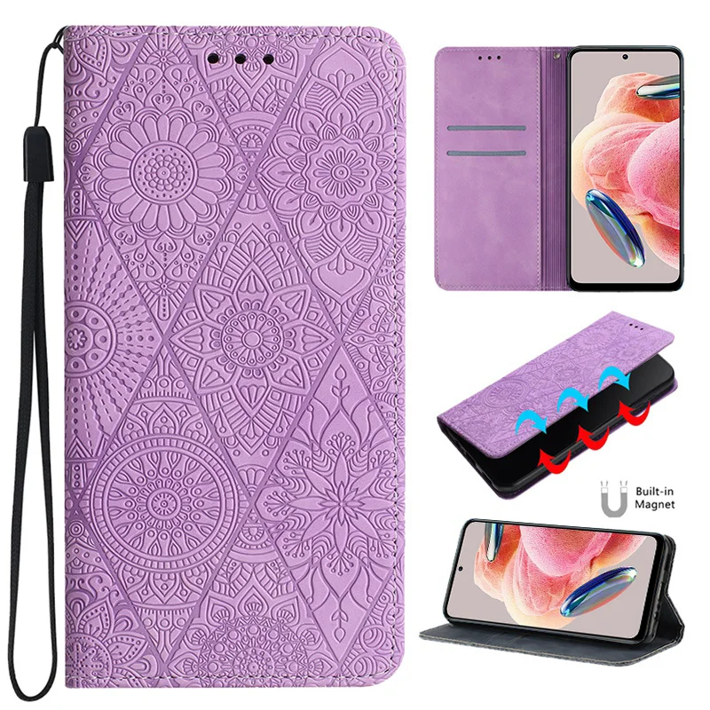 

Lanyard Strong Magnetic Flip Cover for Xiaomi Redmi Note 12 12 Pro 11 10 9 8 Redmi 12C 10C 10 9C 9A 9 Embossed Totem Wallet Case