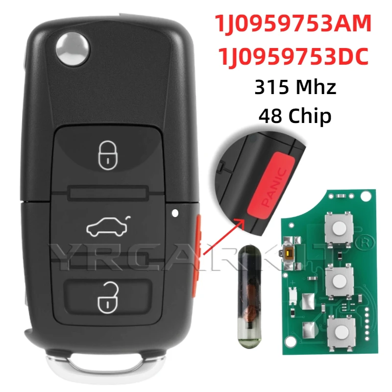 

For Skoda Seat VW Beetle Golf Passat Jetta Flip Key Car Remote Key Entry Transmitter Fob 315Mhz ID48 1J0959753AM 1J0959753DC