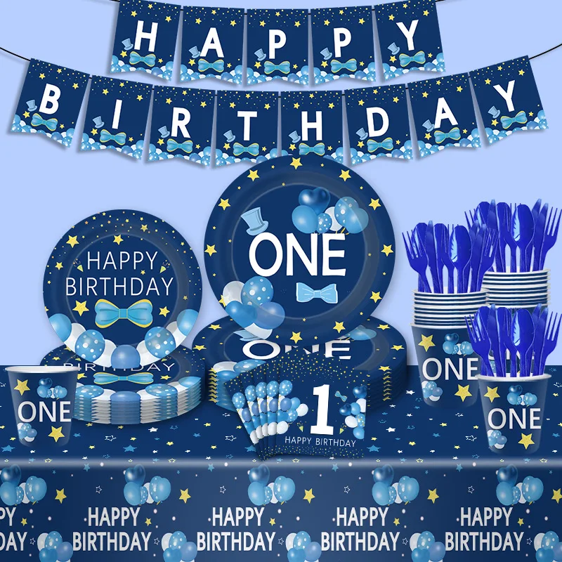 16pcs Boy's Blue First Birthday Party Tableware Disposable Paper Plates Cups Paper Towels Party Supplies Set Holiday Decoration