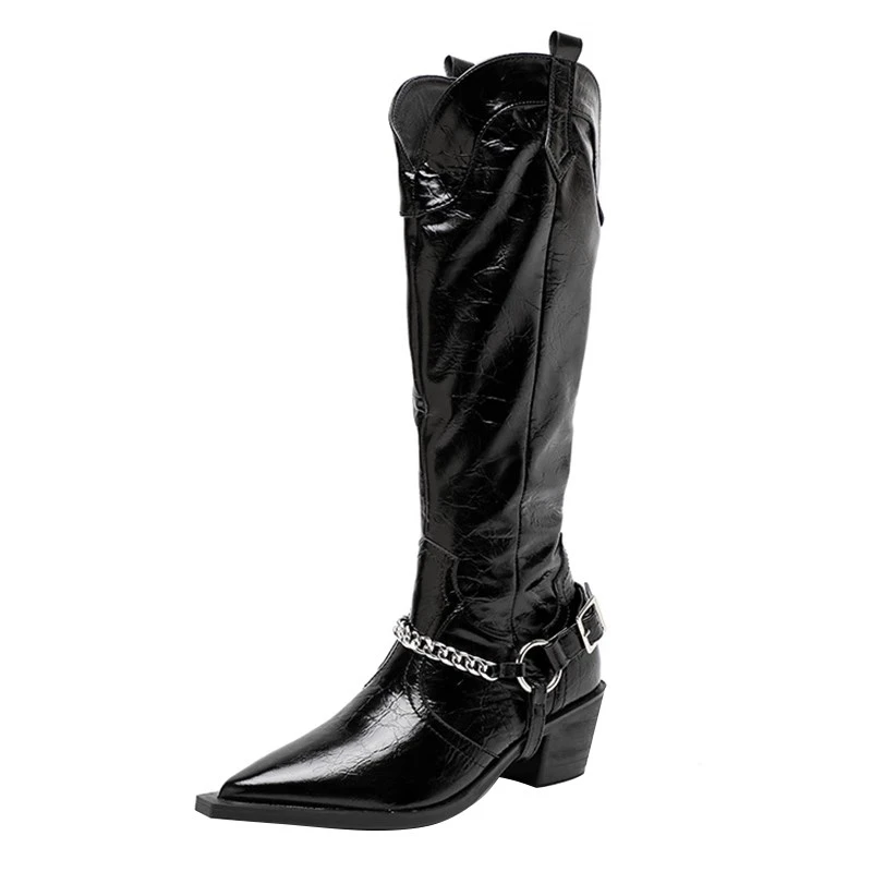 But Knee-length Boots Female 2023 Fall New British Style Thick Heel Chain Pointed Head V Mouth Western Knight High Boots