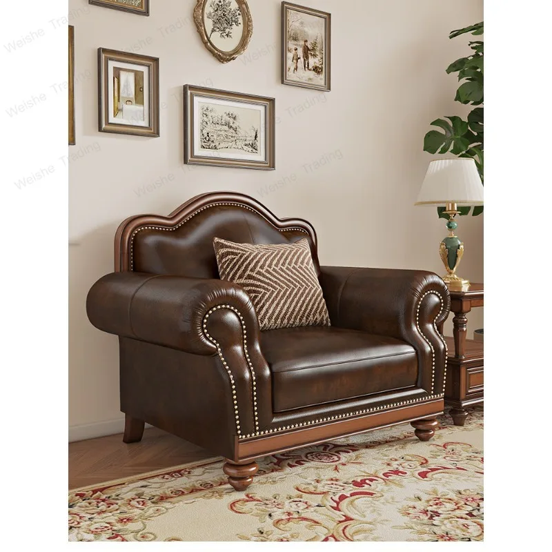 Retro solid wood leather sofa first layer cowhide simple living room villa furniture four people