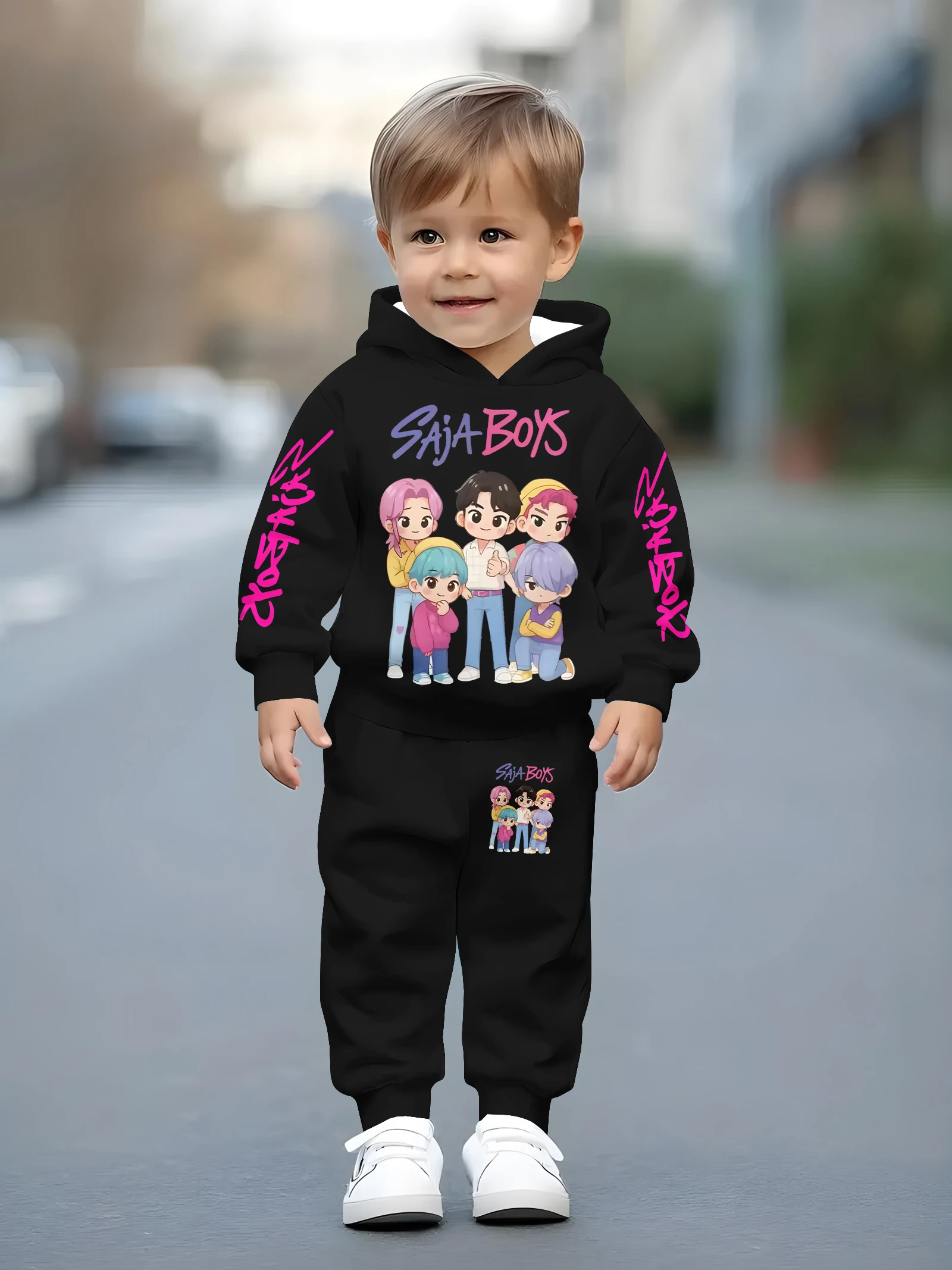 

K-POP Cartoon Boys' Hoodie Set - Black Spring and Autumn Style Toddler Sports Two-Piece Set - Cool and Trendy Kids' Clothing