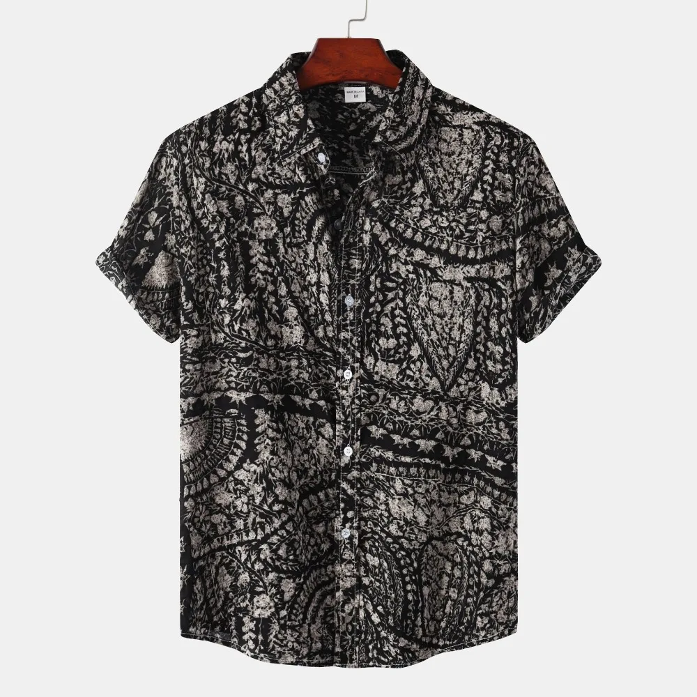 Men's Vintage Black Beige Abstract Batik Print Short Sleeve Lapel Shirt Retro Street Daily Casual Top