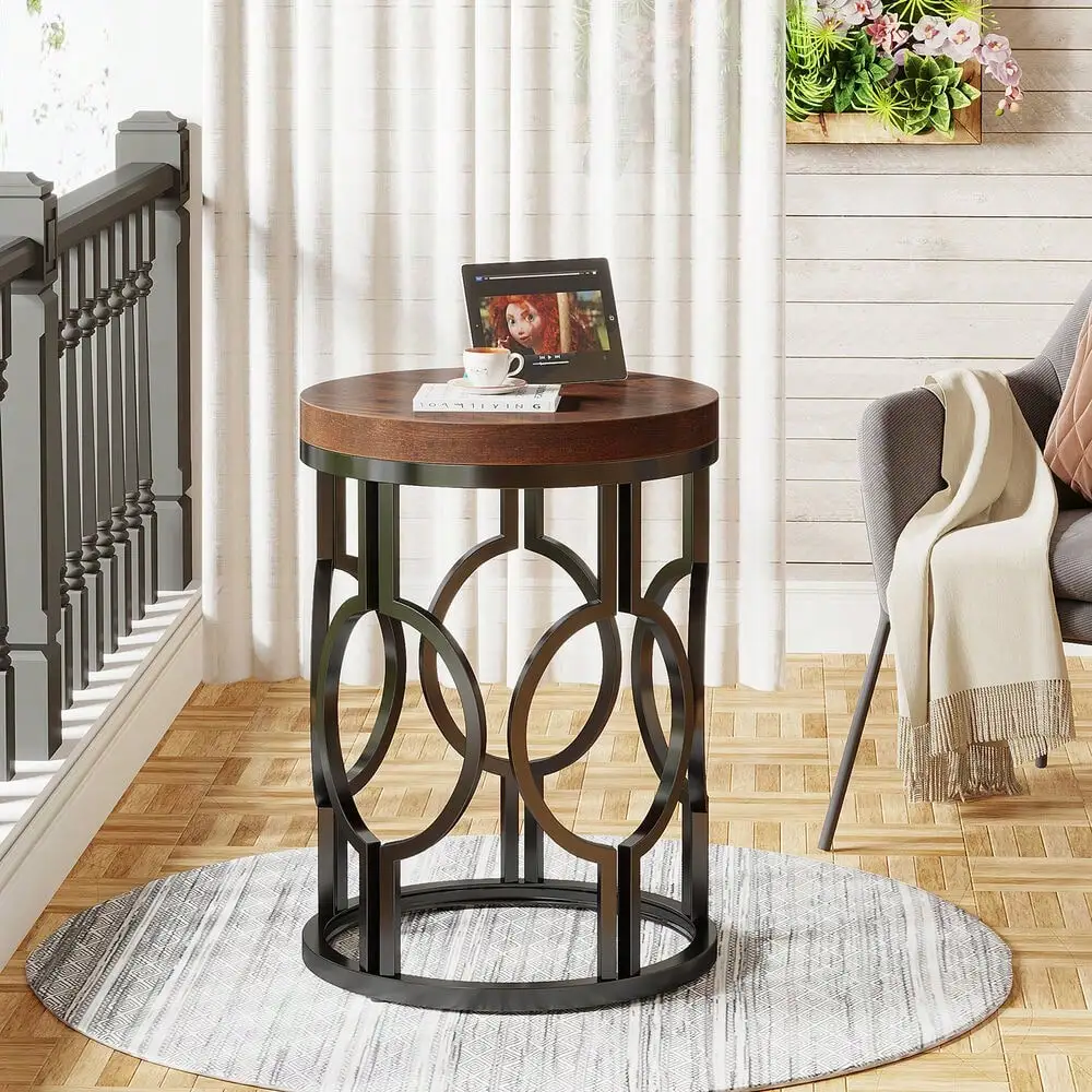 Rustic Wood Round End Table Sofa Side Table with Metal Base for Home Bedroom