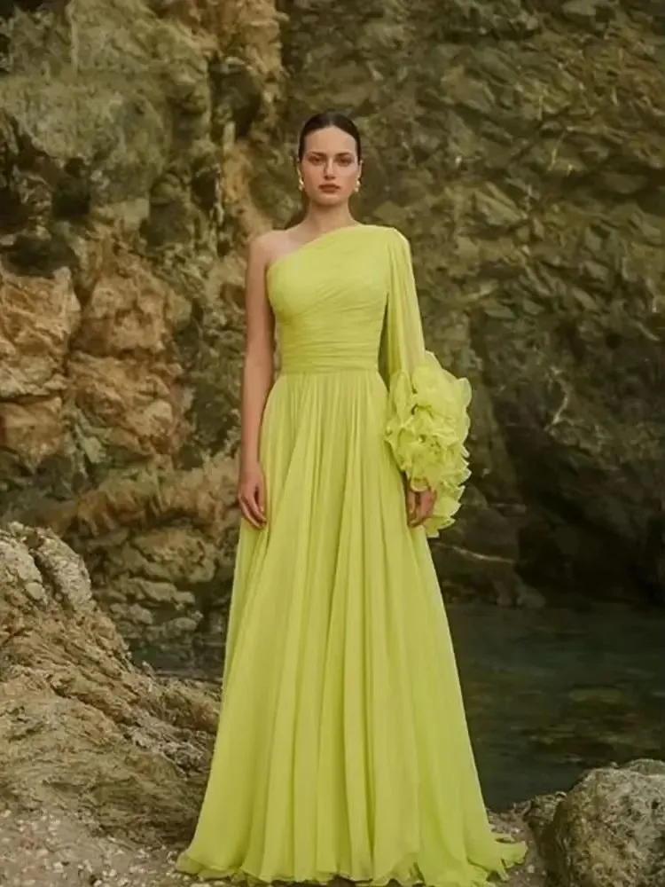 Yellow Chiffon Ankle Length Birthday Evening Dress One Shoulder A-Line Pleated Wedding Party Gowns 2024 For Women