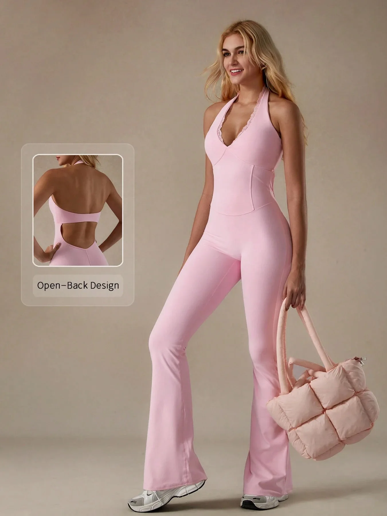 

Lace V-neck One-piece Yoga Suit for Women's Fashion Beauty, Back Lift, Hips, Belly and Neck Onesie Flared Pants