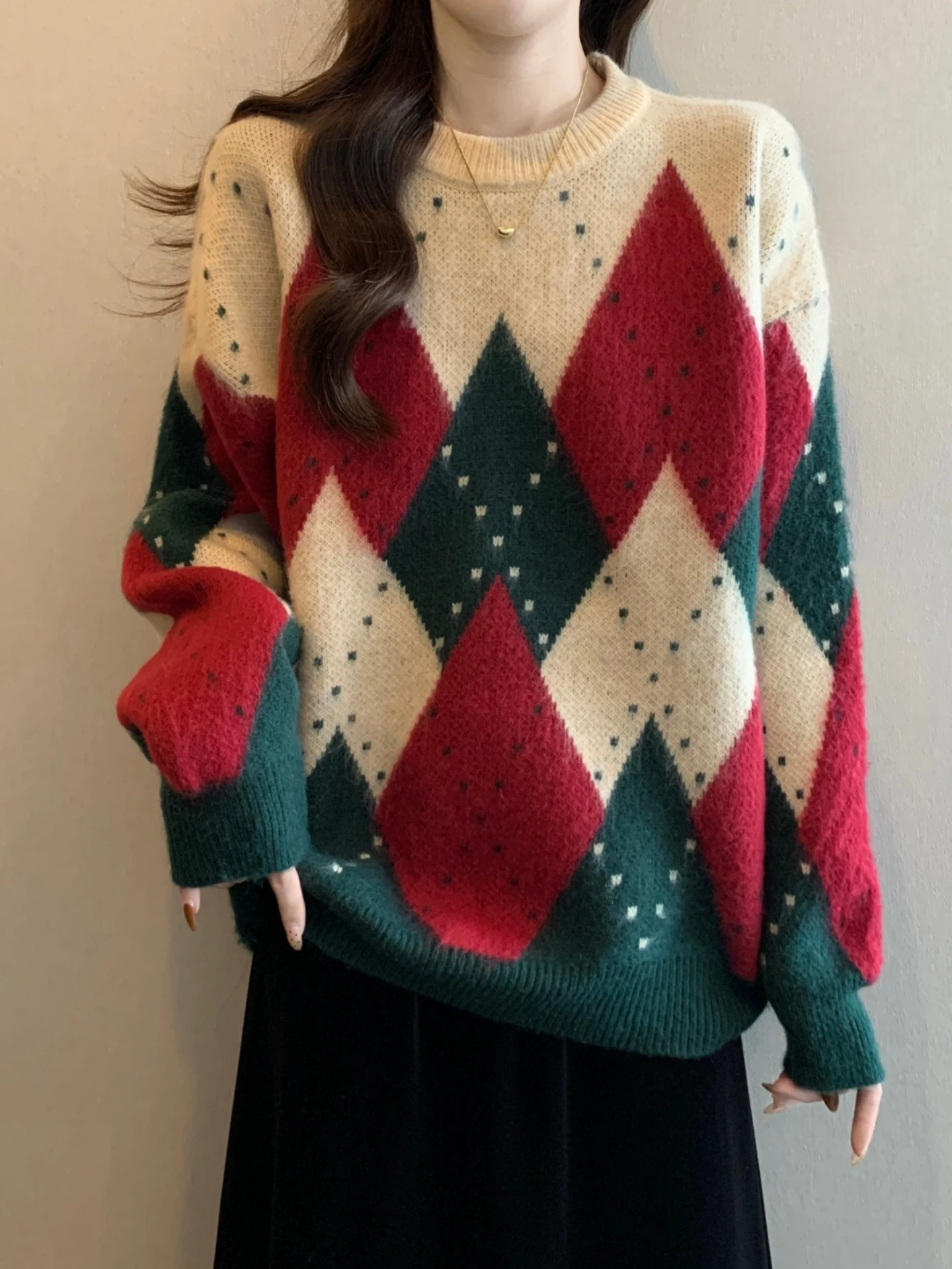 

Christmas Atmosphere Diamond Knitted Sweater Women's Spring Autumn plus Size Loose Belly Covering Lazy Retro Top