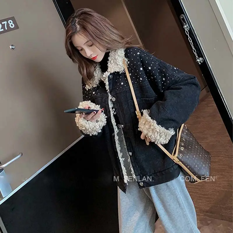 

Fried Street Lambswool Cowboy Coat Women's Autumn Winter 2024 New Korean Loose Women's Denim Jacket Plus Velvet Overcoat Female