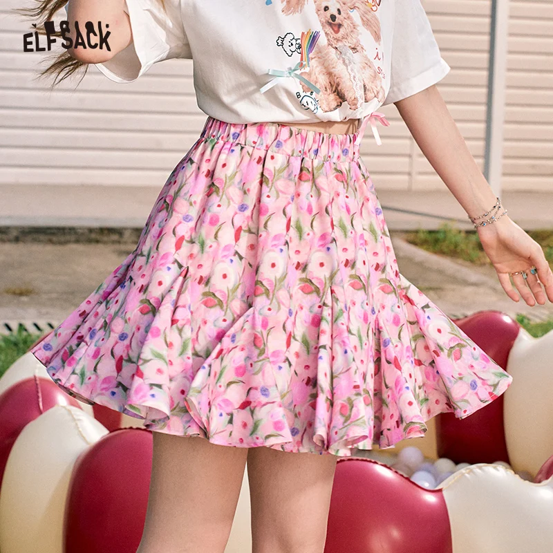 ELFSACK 2024 Summer New Arrivals Oil painting flowers sweet temperament high waist A-line skirt for women