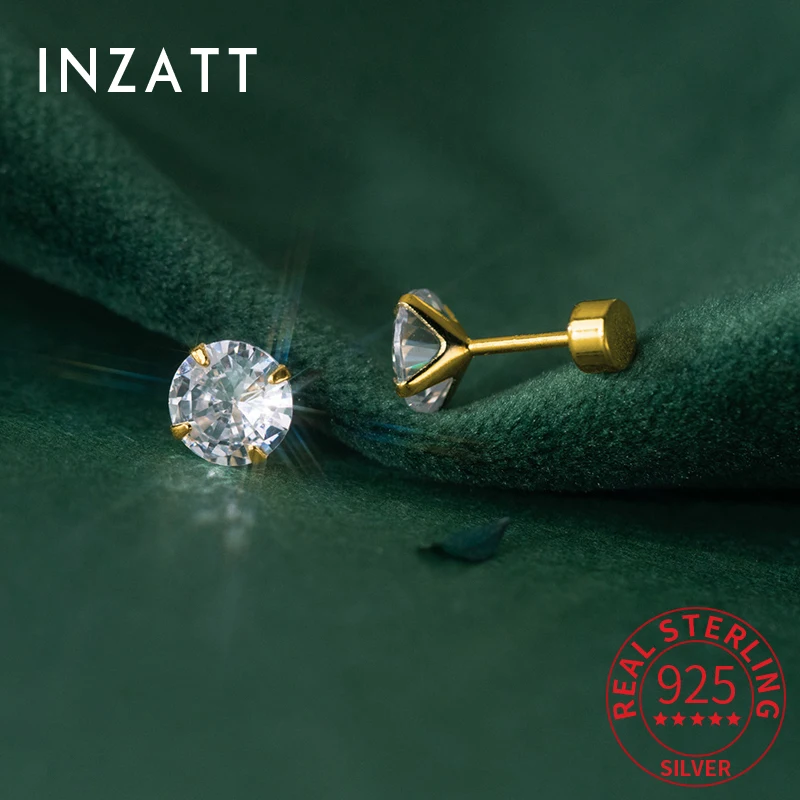 INZATT Real 925 Sterling Silver 3/4/5/6/7/8MM Round Sparkling Zircon 18K Stud Earrings for Women Classic Piercing Fine Jewelry