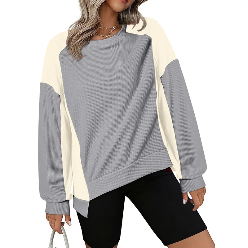 Autumn Winter Female New Sporty Sweatshirts Color Blocking Long Sleeve Irregular O-neck Pullovers Fashion Patchwork Elegant Tops