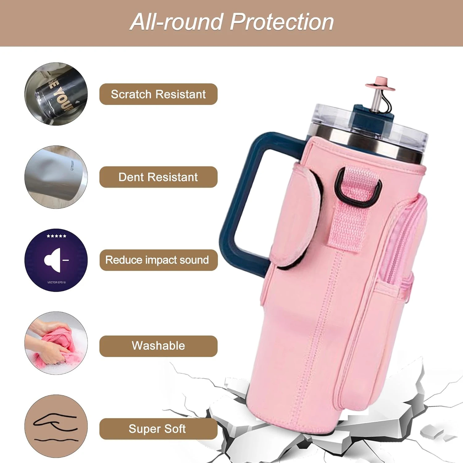 TY Pink Water Bottle Carrier Bag with Phone Pocket for 40oz Tumbler with Handle Neoprene Water Bottle Holder Pouch