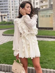 BWQ Sheer Lace Mesh Dress Women Fashion Deep V Neck Bandage Ruffle Oversized Shirt Dress Femme Elegant Sexy Cover-up Woman