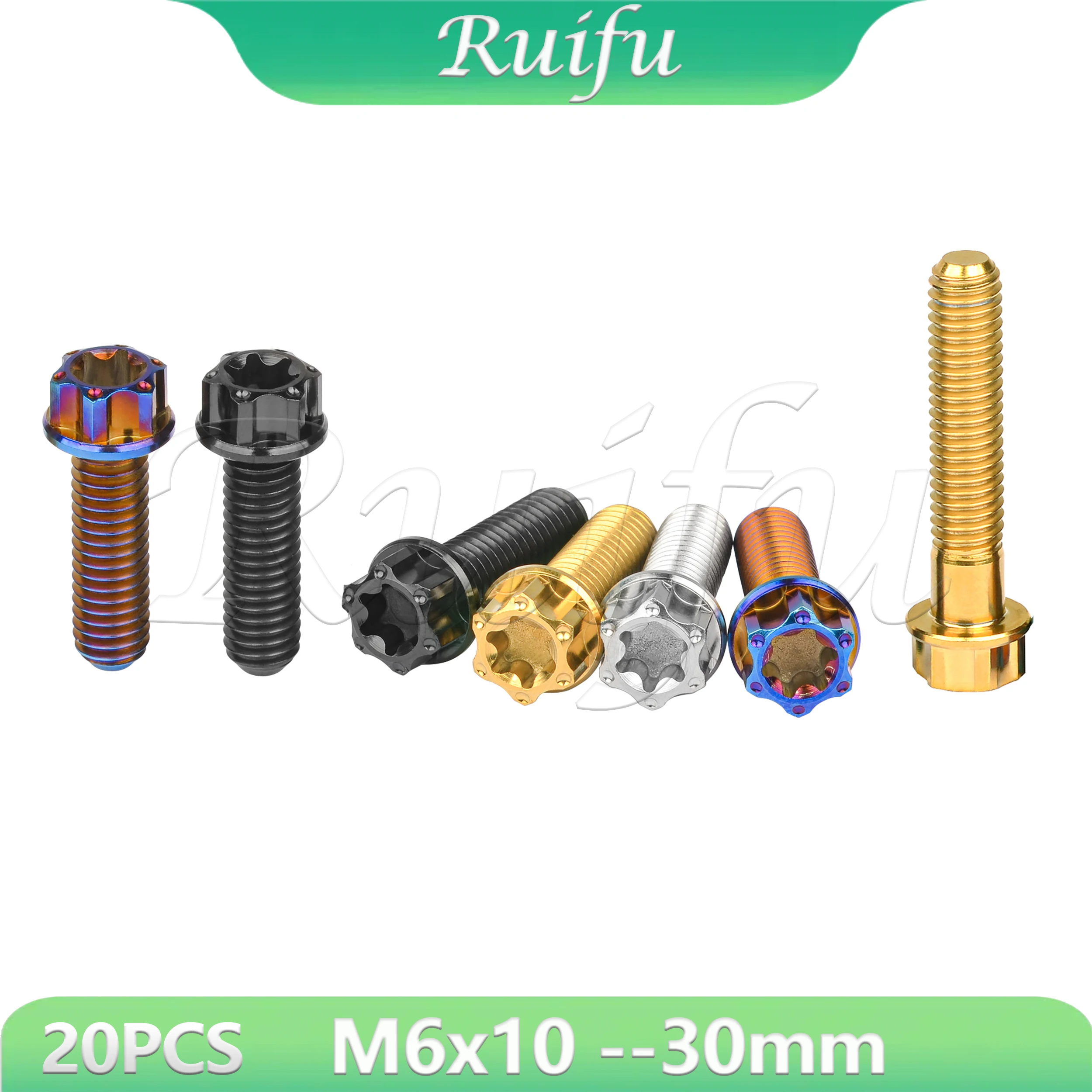

Ruifu Titanium Bolt 20PCS M6x10/15/20/25/30mm Torx T30 Flange Head Ti Screws for Motorcycle Modification
