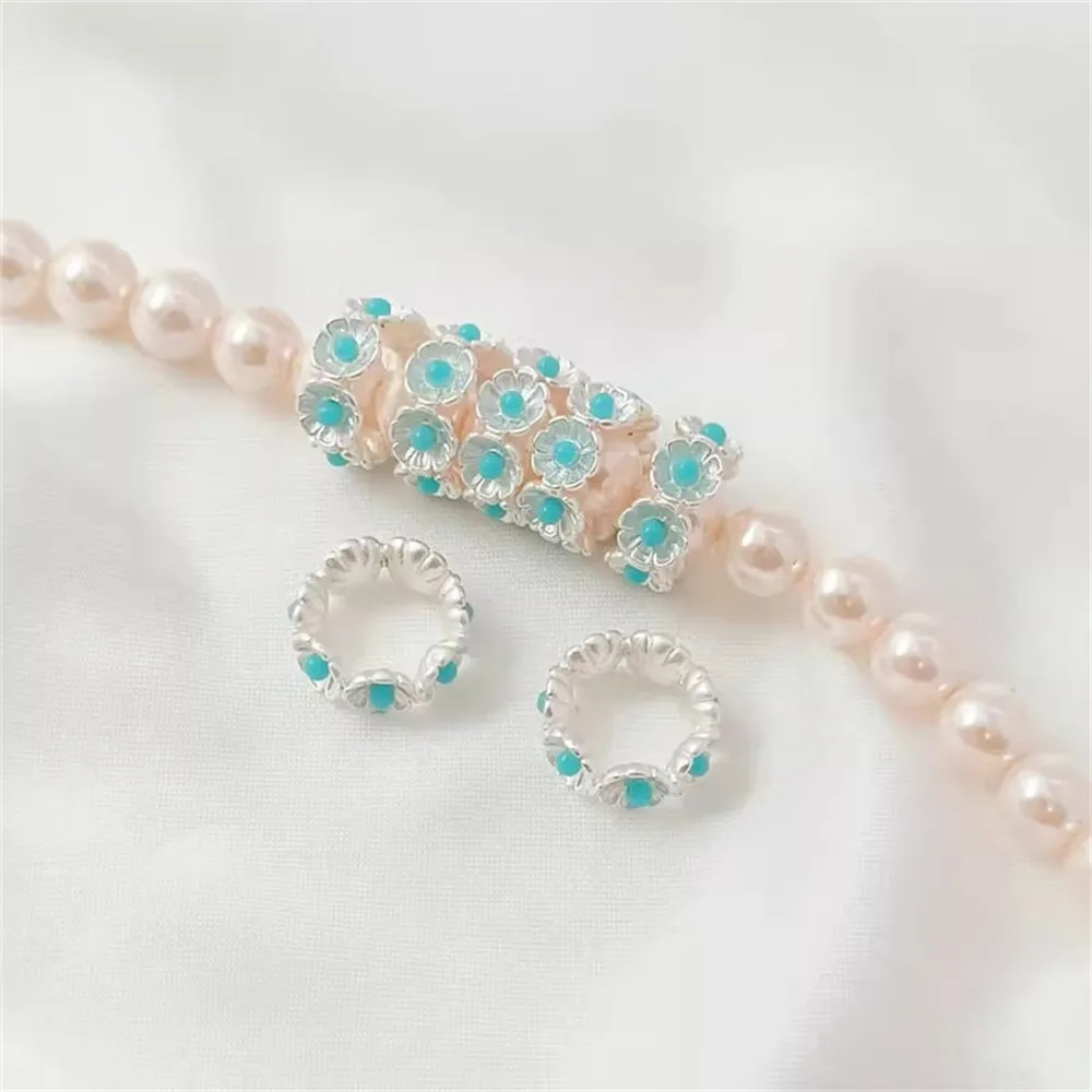 Silver Inlaid Beaded Flower Ring, Crown Ring, Spacer Beads, Scattered Beads, 10mm Handmade DIY Bracelet Accessory