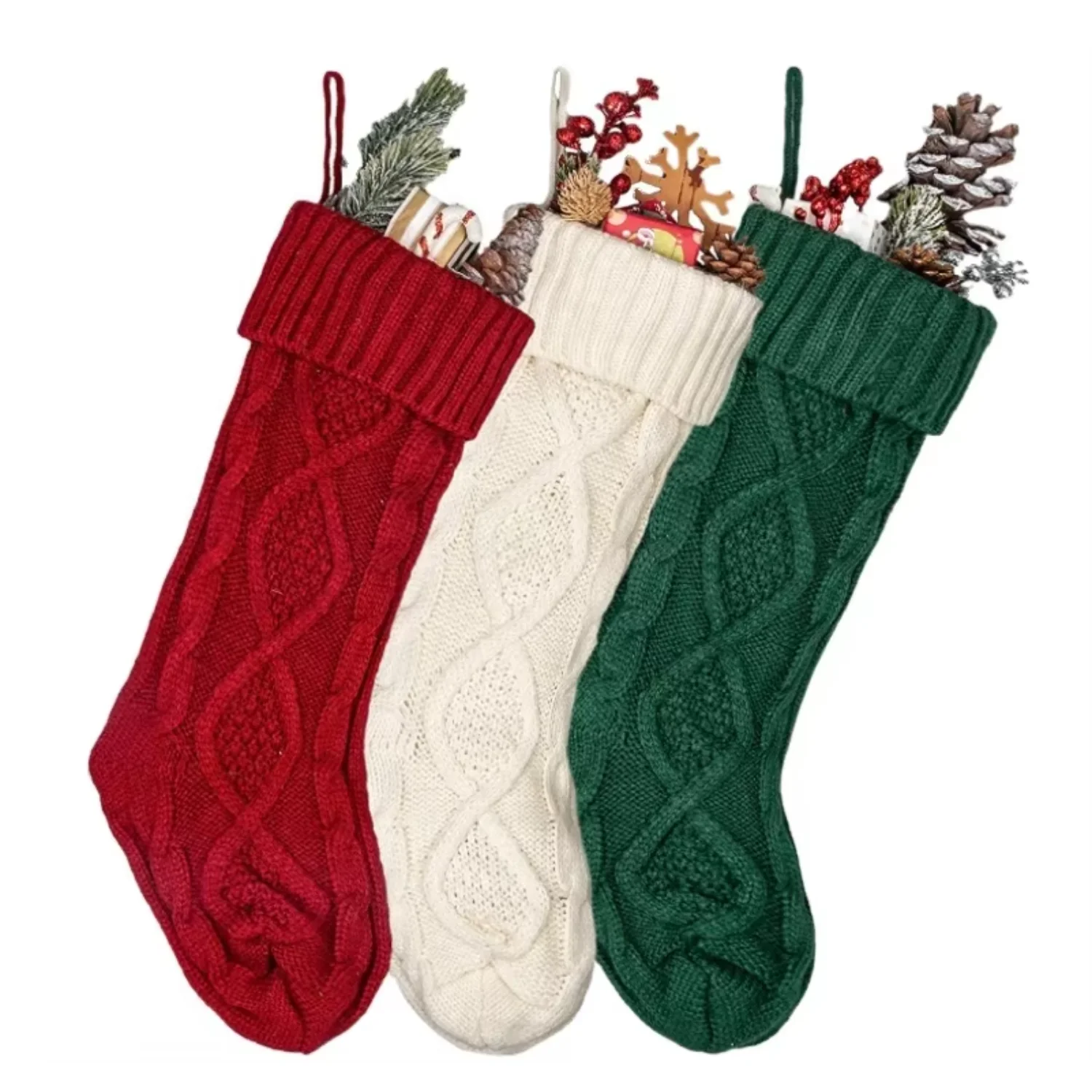 Unique Large Size Knit Christmas Stockings 18 inches Cable Knitted Xmas Rustic Stocking Decorations