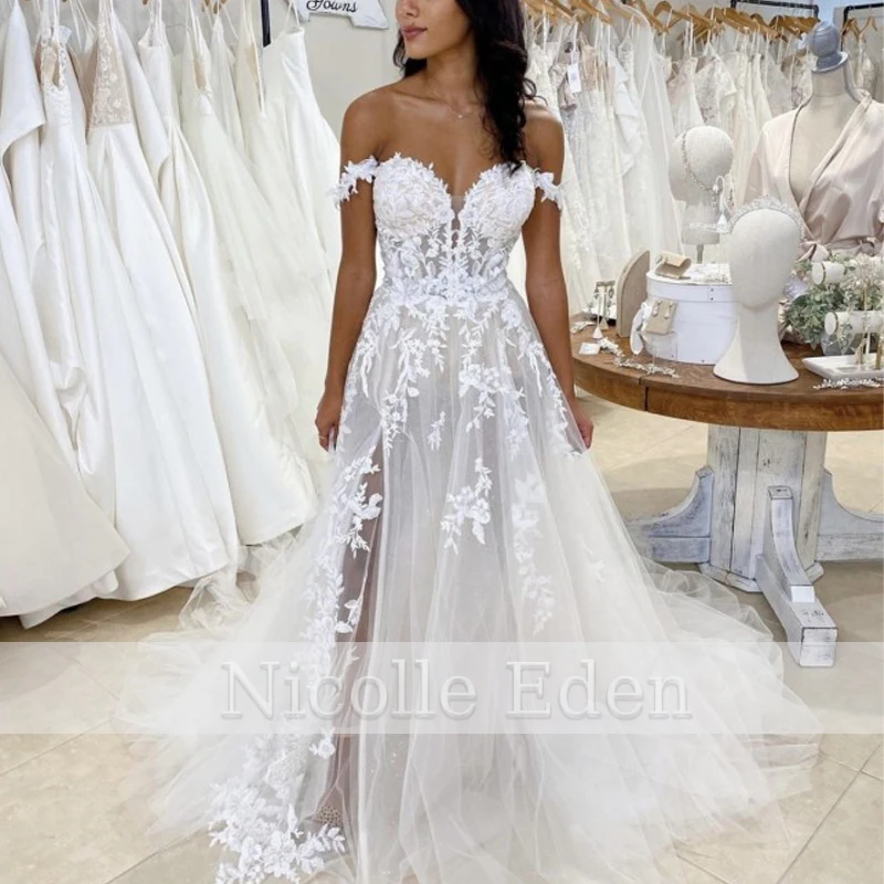 Nicolle Romantic Fancy Wedding Dresses Square Collars Long Sleeves Floral Print Lace up Corset Robe de Mariée Drop Shipping