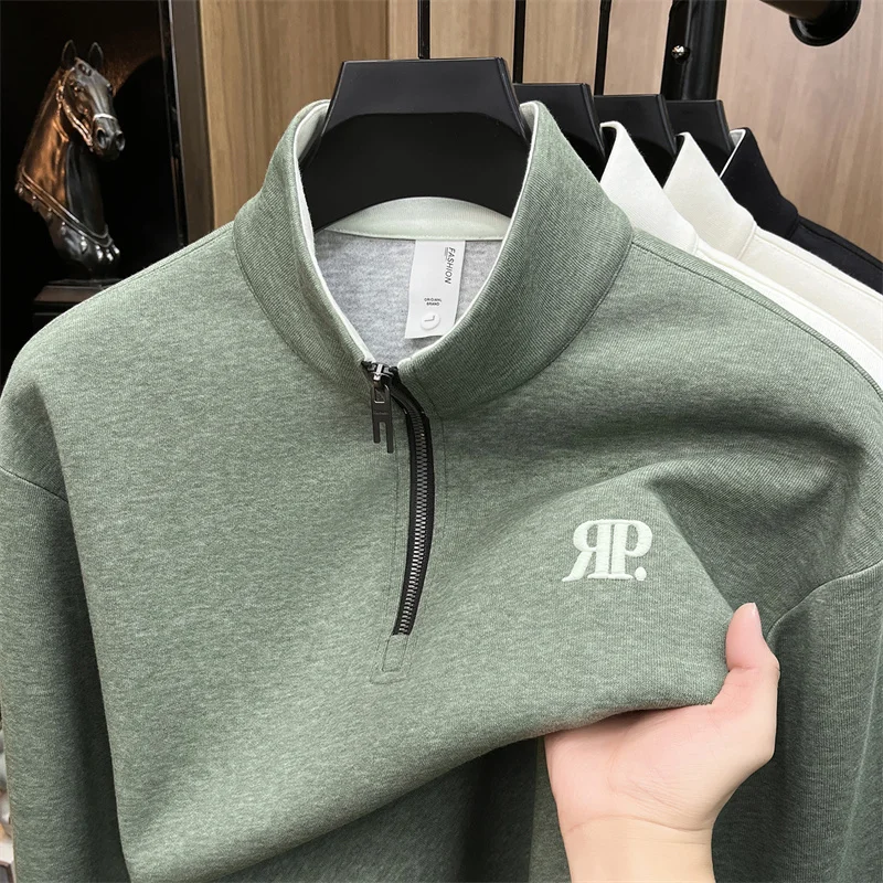 Spring and Autumn New Hoodie Men's Fashion Solid Color Base Shirt Casual Top Versatile Stand Up Collar Small Shirt Trend