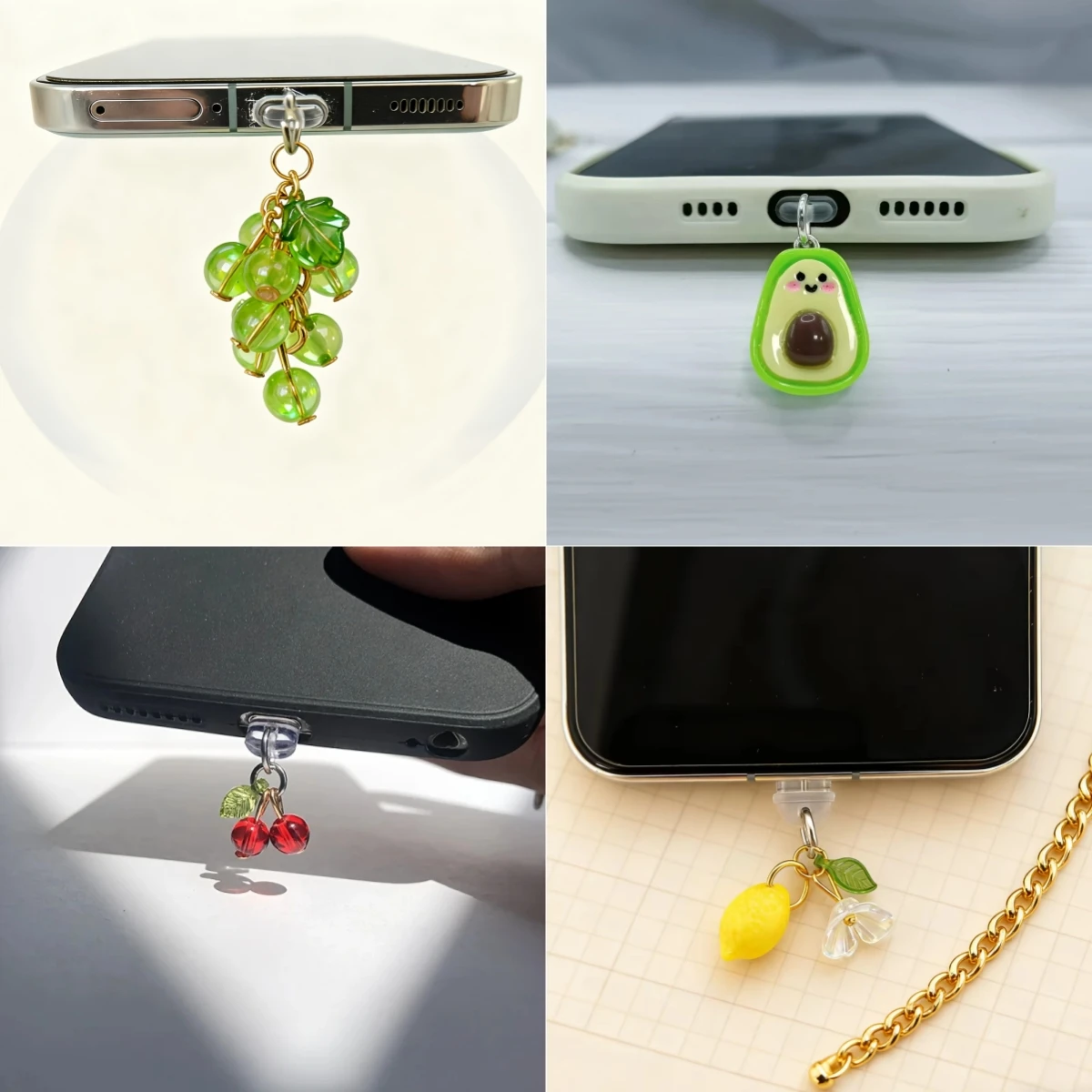 قابس غبار الهاتف العالمي على شكل فاكهة، الليمون، العنب، الكرز، الأفوكادو تصميم واجهة قلادة الزخرفية المقاومة للغبار، ملحقات الهاتف اللطيفة للفتيات #1