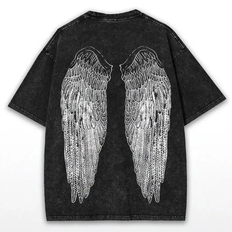 Wash Grunge Street Wear Y2K Gothic Angel Wings T-shirt  Personality Casual Street Fashion High Quality Round Neck Short Sleeve