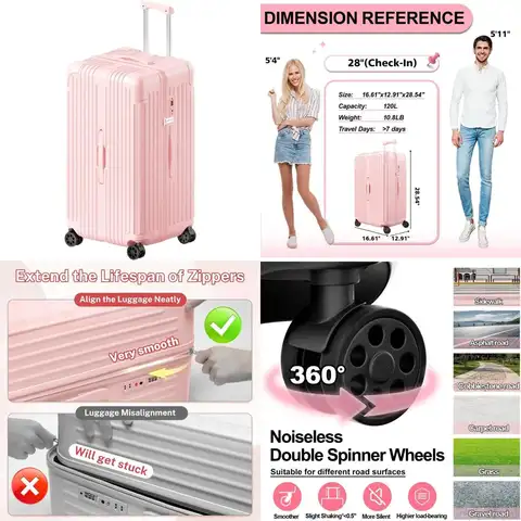 28 Inch Hardside Suitcase with 4 Wheels, TSA Lock, PC+ABS Material, Pink Checked Luggage for Travel