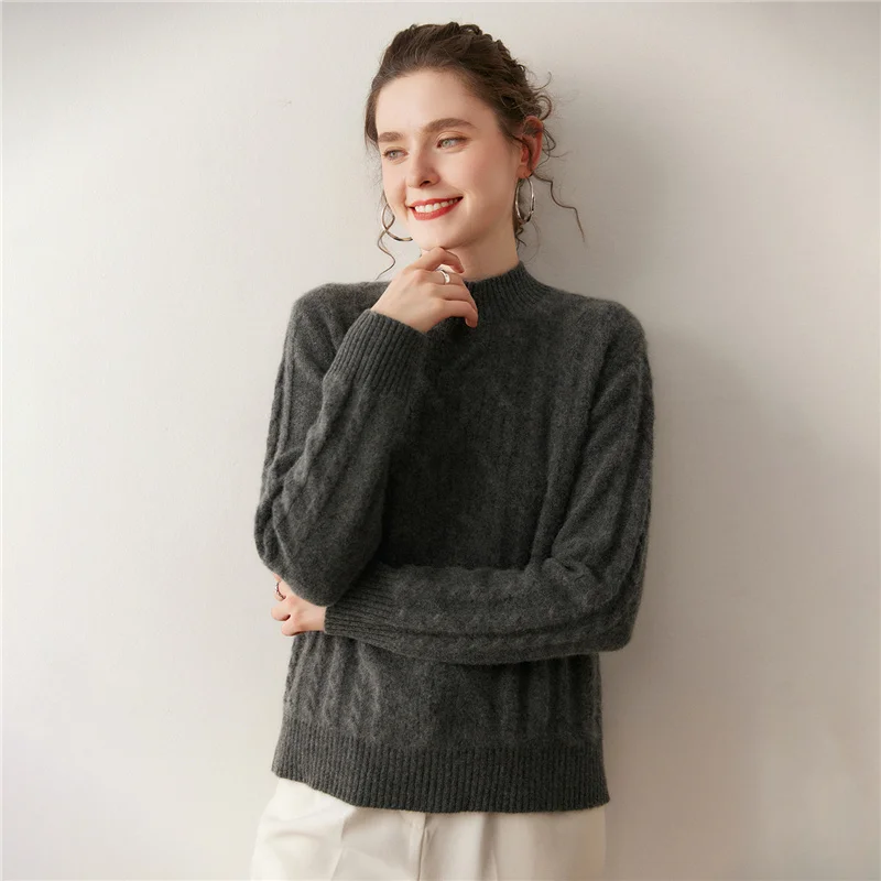 

Simple Classic Women Autumn Winter Half High Collar Tops Women Cable Knit 100% Cashmere Sweater Casual Soft Warm Pullover Shirt