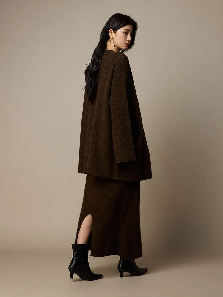 Birdtree, cárdigan de punto de mezcla de lana, chal elegante liso suelto para mujer, suéter de manga completa, abrigo informal de Otoño Invierno 2025 T5N201JF