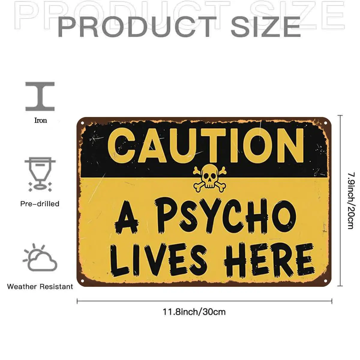 2D Flat,1pc,Retro VintageCaution A Psycho Lives Here SignMetal Tin Sign, Pre-Drilled Holes, Suitable for Indoor, Garden,Outdoor