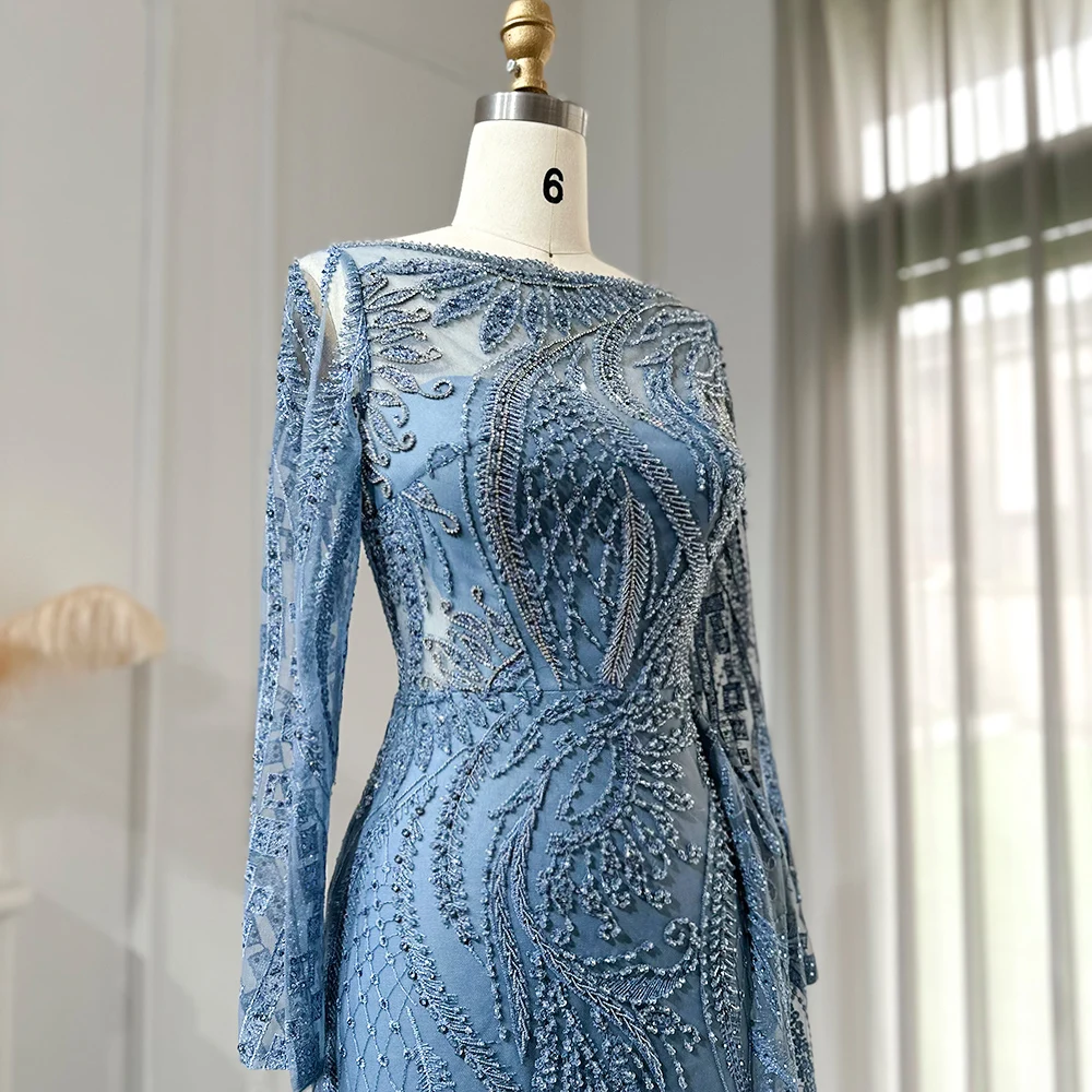 Sharon Said Luxuriöses Blaues Abendkleid mit Boot-Ausschnitt, Langen Ärmeln, Meerjungfrauen-Schnitt, Bodenlang, für Formelle Anlässe und Partys, SS141, Maßanfertigung – Detail 5