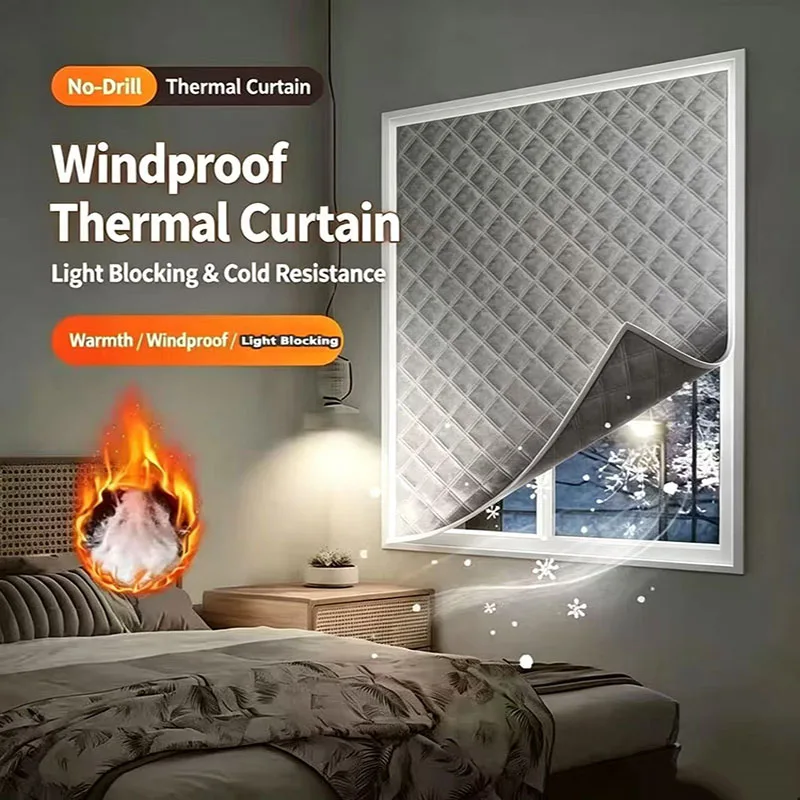 Winter Quilted Thermal Curtain, Thick Windproof Cold Resistant Blackout Cover, No-Drill Self-Adhesive Insulation for Home