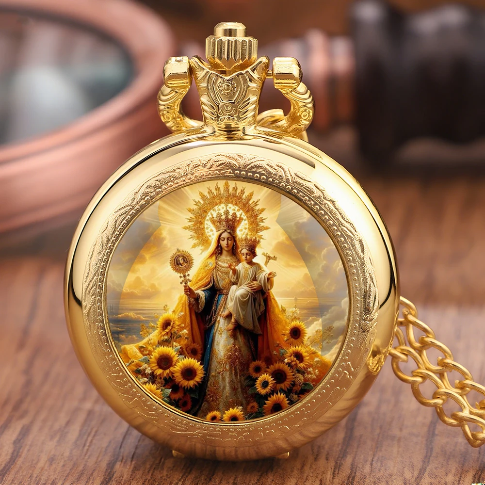 Orologio da tasca dorato con design vintage Gesù Madonna Madre di Dio con collana, cassa in lega, orologio con movimento al quarzo per uomo e donna