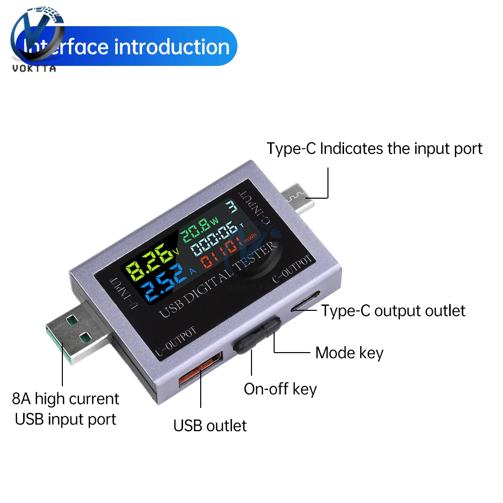 DC 4.5-50V 0-8A USB Type-C Tester Multi-function Digital Display Voltage Ammeter Power Meter DC Power Bank Charging Indicator