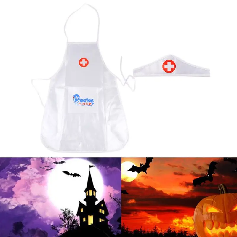 Kids Doctor Nurse Cosplay Costume Apron with Headdress Hat Halloween Uniforms