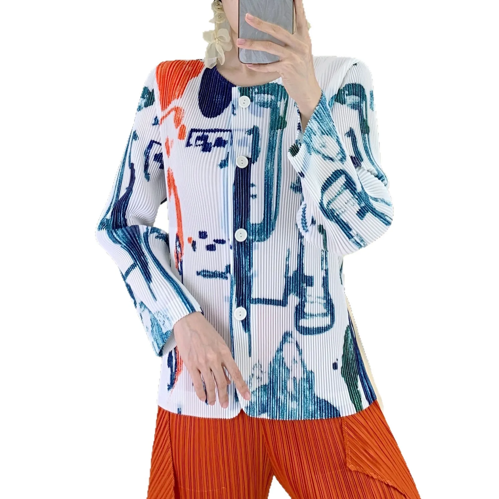 Miyake Spring and Fall 2025 Fashion Jacket Women Loose Round Neck Casual Women's Wear Versatile Commuter Cardigan on Clothes