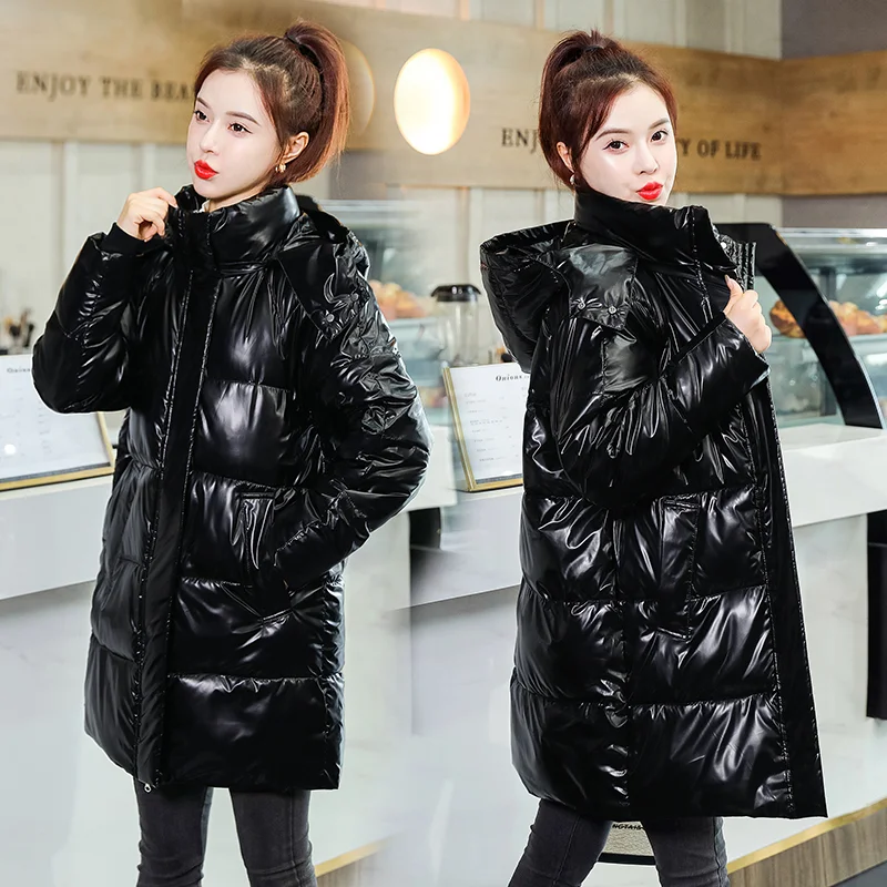 

Winter New Sle Women's Mid-Length Thiened down Cotton Jaet Loose Faionable Wa-Free Luminous Surface Korean Version
