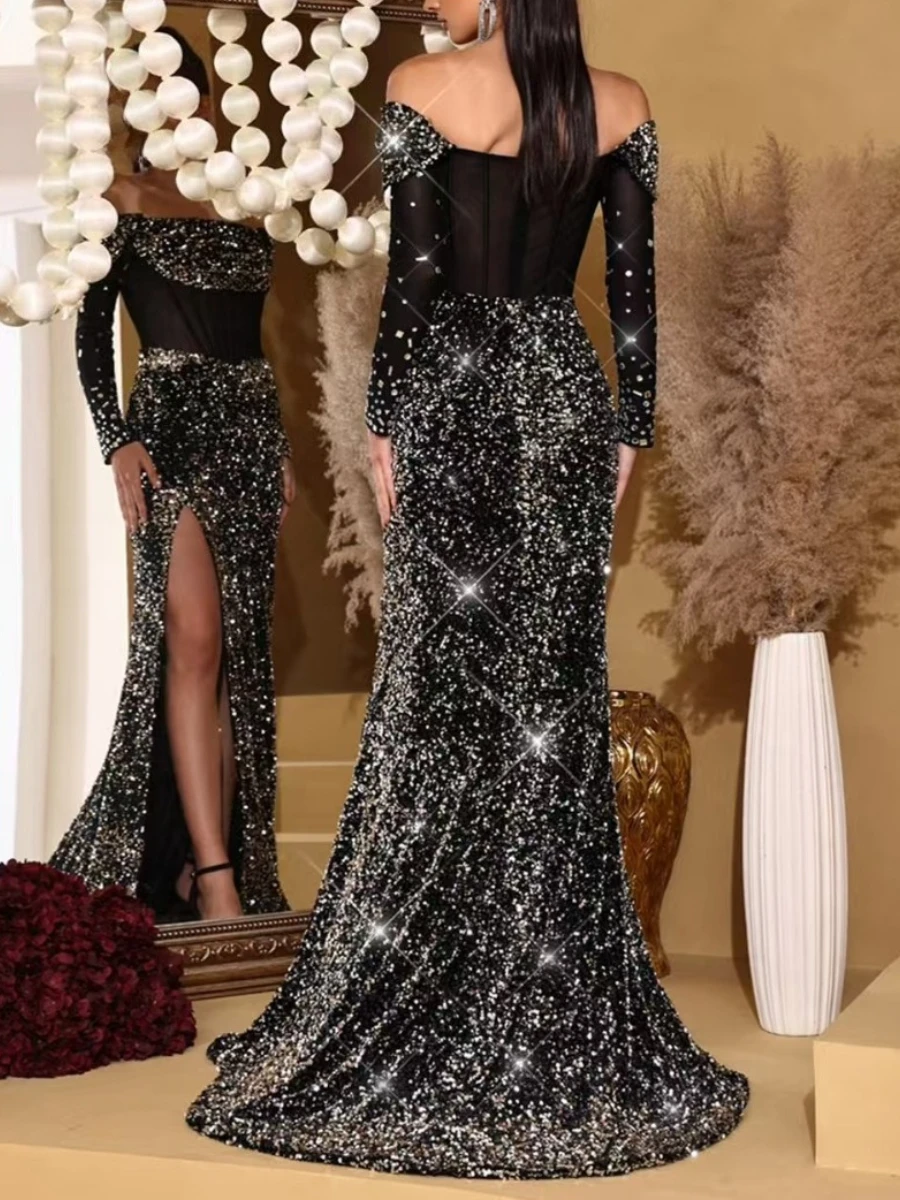 فستان سهرة تونيك شفاف فاخر من VGH للنساء برقبة مائلة وأكمام طويلة مزين بالترتر عالي الخصر فساتين نسائية