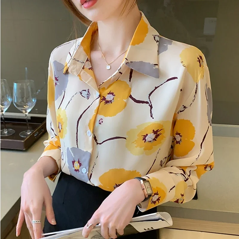 Floral Printed Button Up Shirt Women 2024 Elegant Fashion Long Sleeve Office Chiffon Blouses Y2k French Loose Ladies Tops Mujer