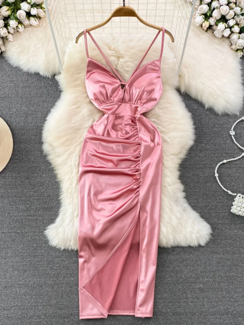 SsTss 섹시한 V 넥 민소매 새틴 드레스 여름 새로운 스파게티 스트랩 크리스 크로스 백 하이 웨이스트 셔링 스플릿 미디 파티 드레스