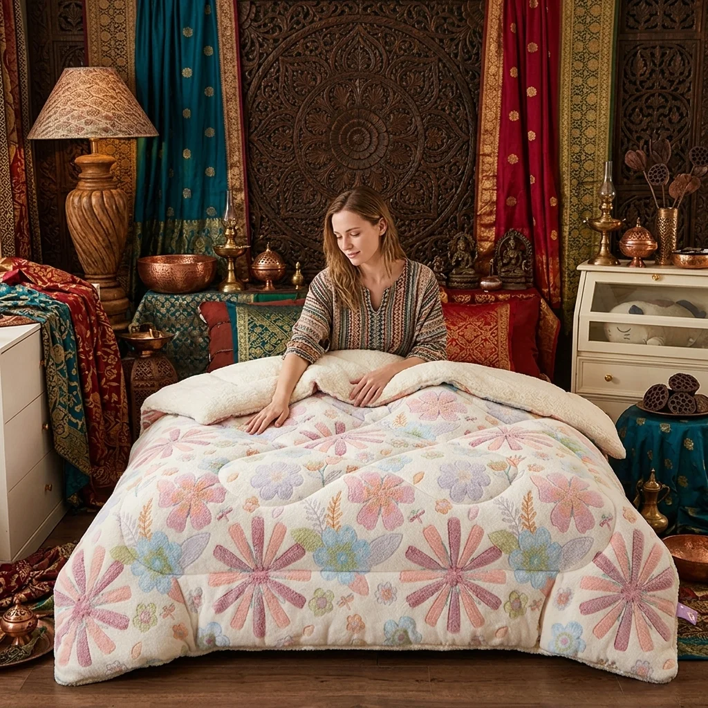 Cozy Floral Snowflake Quilt  Warm Winter Bedding for Bedroom and Guest Accommodation.