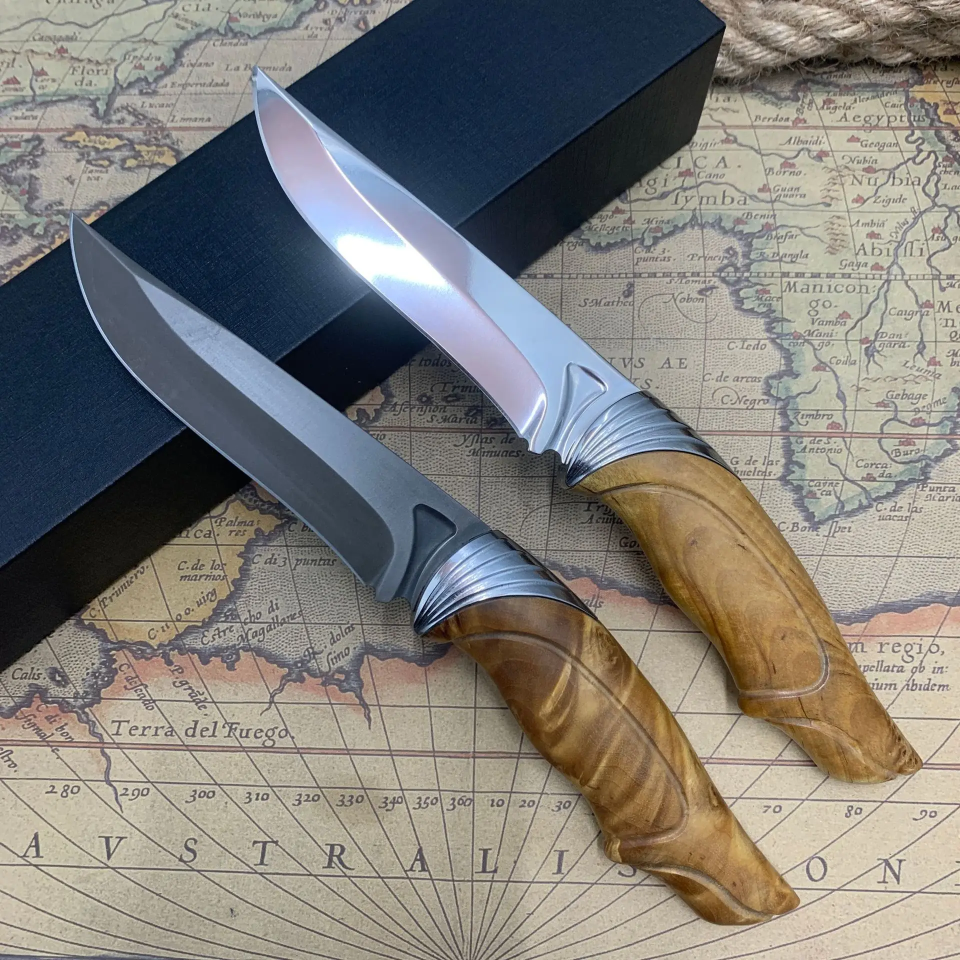 RHON 3.89inch Wootz Steel Fixed Blade Knife Outdoor Straight Slicing Meat Camping Hunting Knives Wood Handle with Protect Sheath