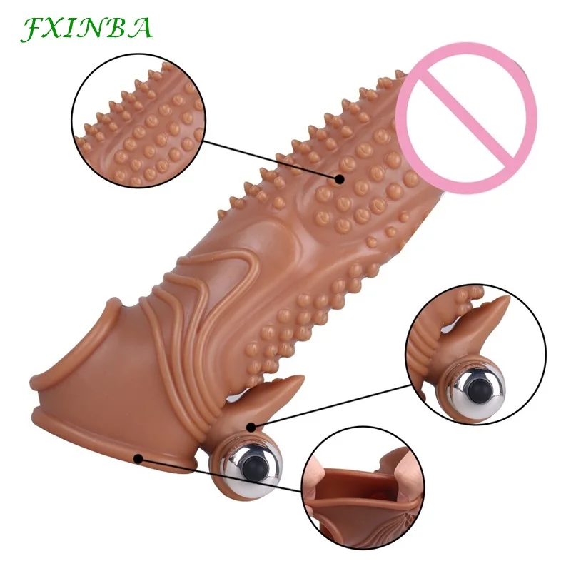 FXINBA 19cm Big Penis Sleeve Extender With Vibration Male Cock Sleeve Spikes Sex Toy For Men Delay Reusable Condom Dick Enlarger