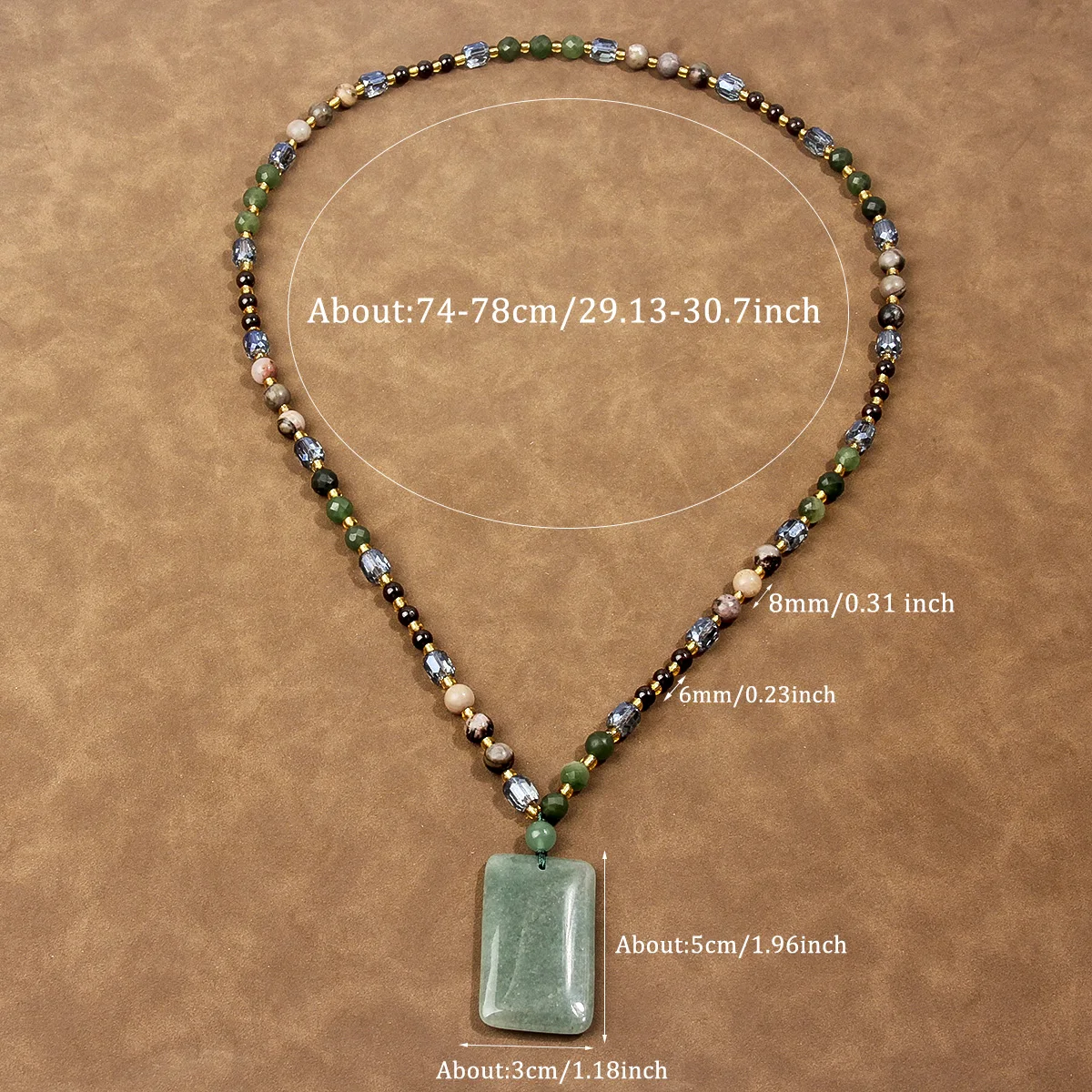 Women Bohemian Long Sweater Necklace Natural Stone Light Beads Rectangle Pendant Gold Spacer Bead  Jewelry For Daily Party